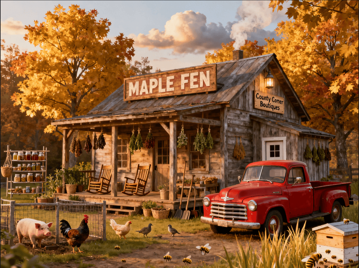 Maple Fen homestead with red truck and jars on the porch